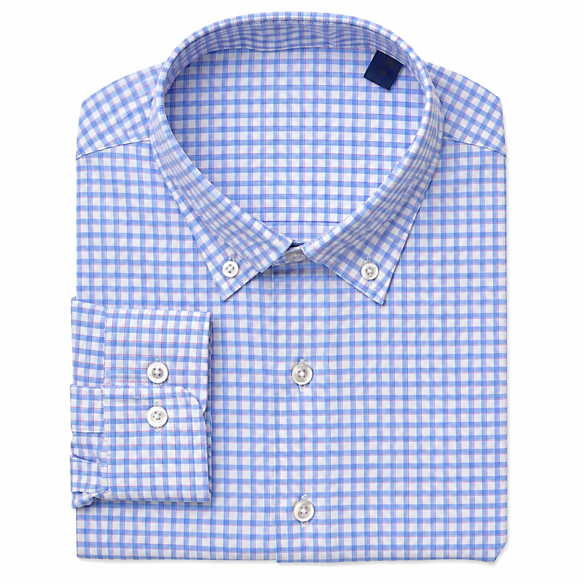 Red and blue checkered button down on white background