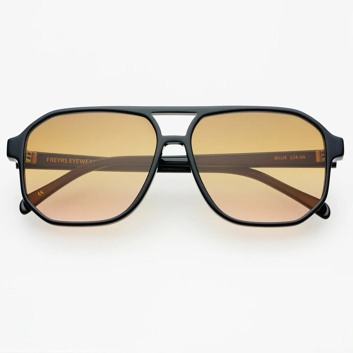 Aviator sunglasses with gold-tinted lenses on a white background