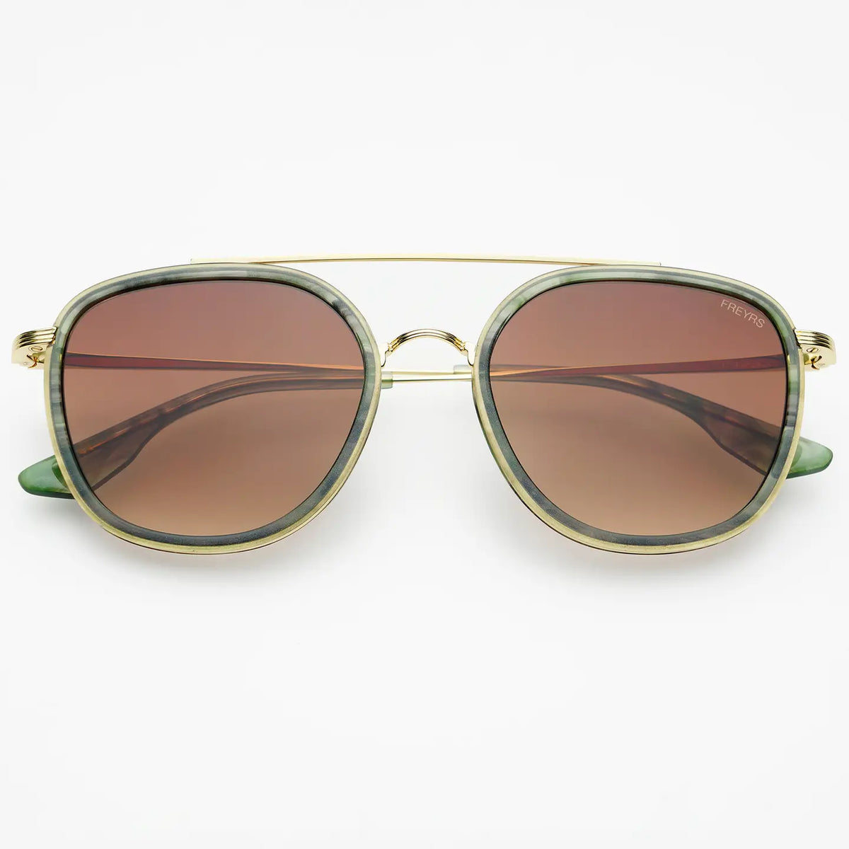 Gold-framed sunglasses with brown lenses on a white background