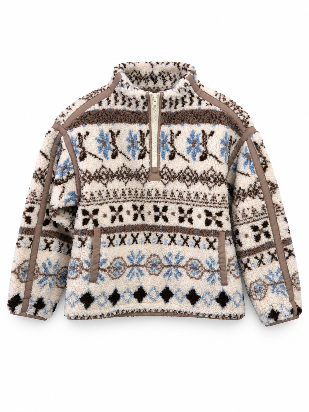 A children's quarter-zip fleece pullover sweater with a cream base, brown and black geometric patterns, and light blue floral accents, featuring tan trim.