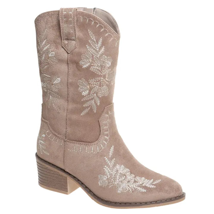 A single women's western-style ankle boot in taupe suede with white floral embroidery and a stacked block heel, shown on a plain white background.