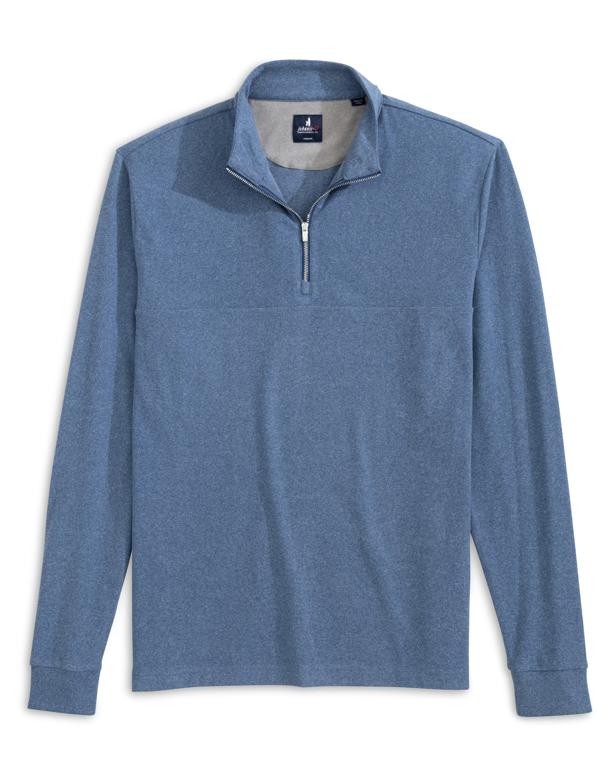 Blue long-sleeve shirt with a quarter zip on a white background