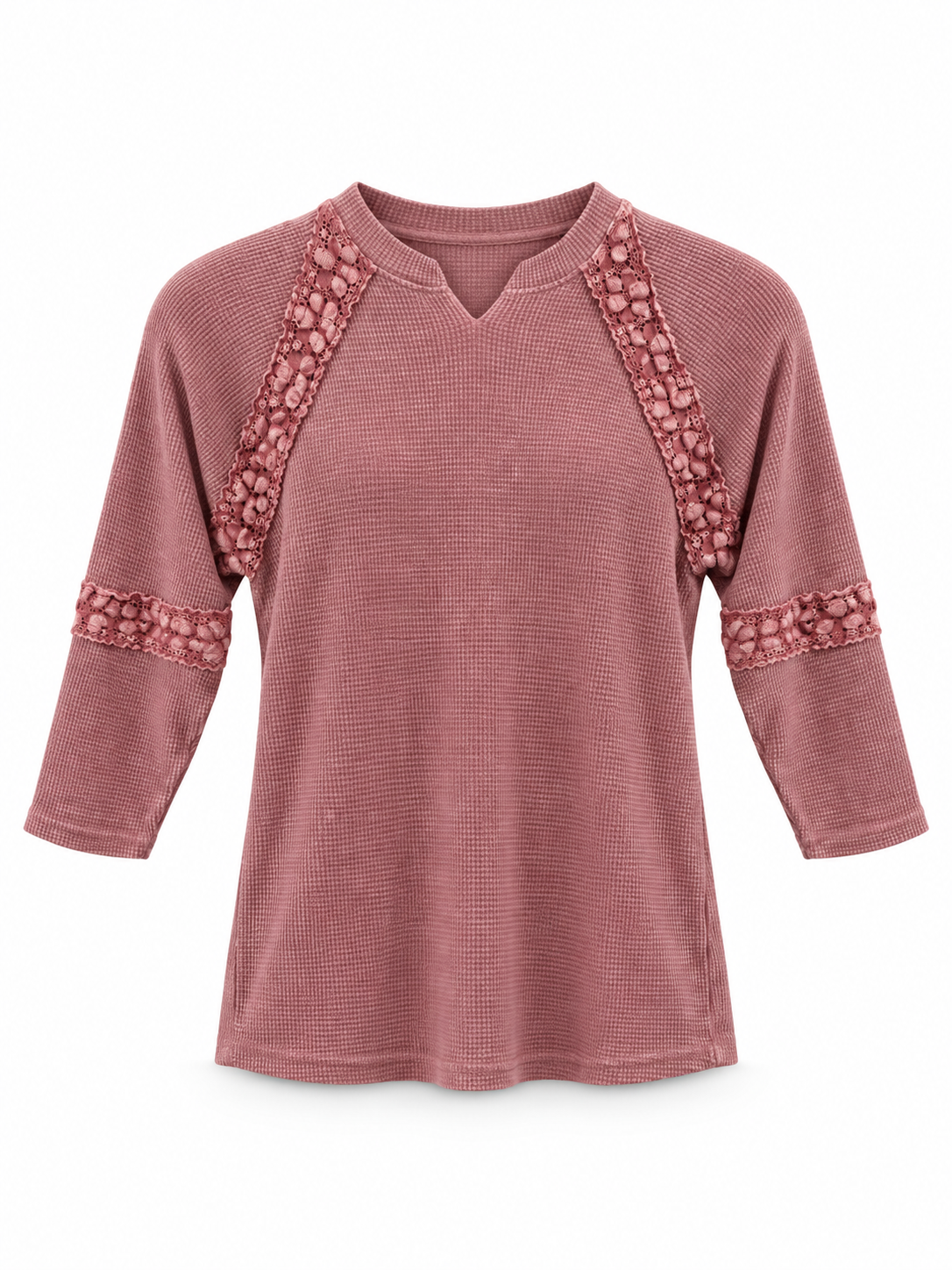A dusty rose waffle-knit long-sleeve top with 3/4 sleeves, featuring textured floral lace trim details along the V-neckline and sleeve cuffs, displayed on a clean white background.