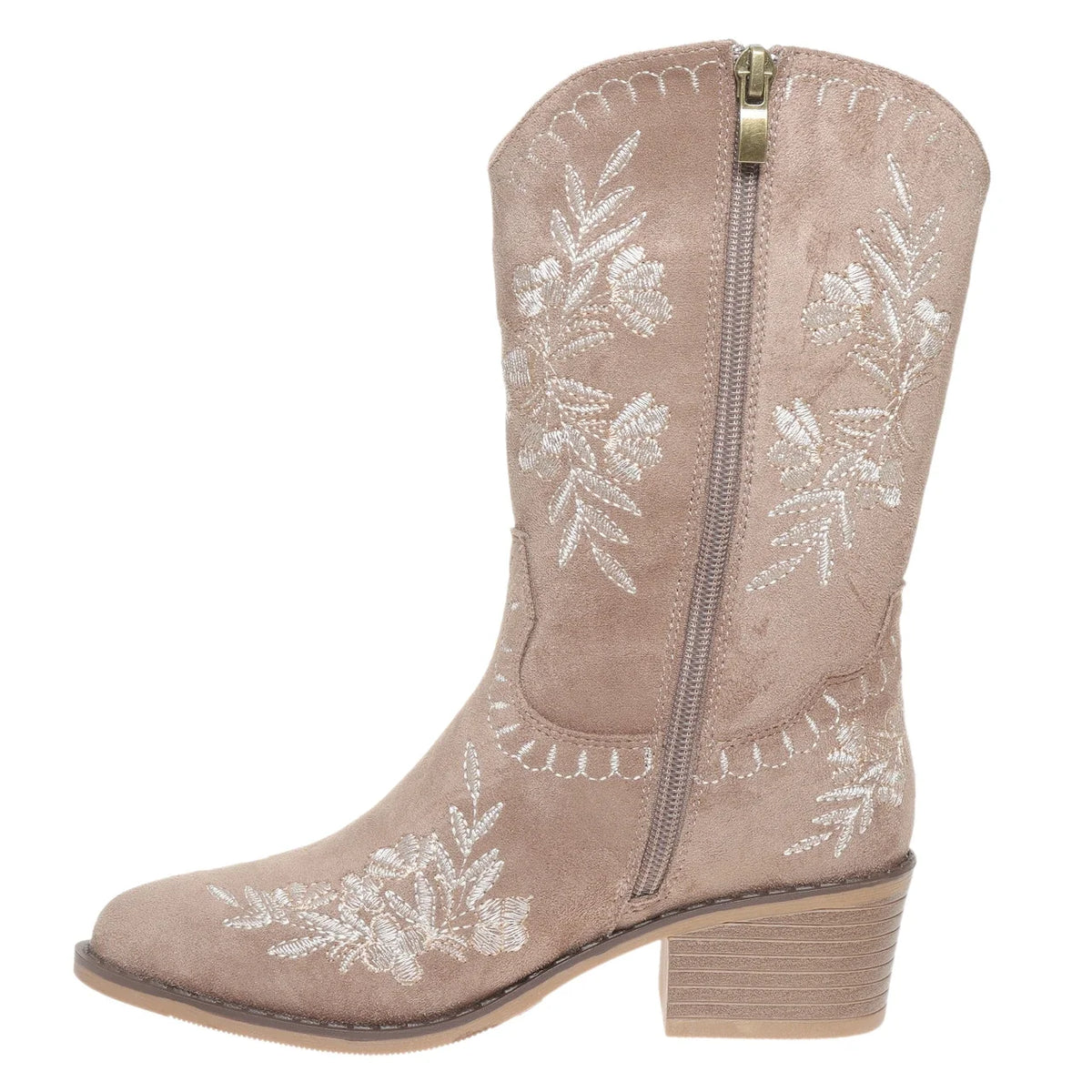 A single western-style boot in taupe suede with white floral embroidery and a side zipper, shown against a plain white background.