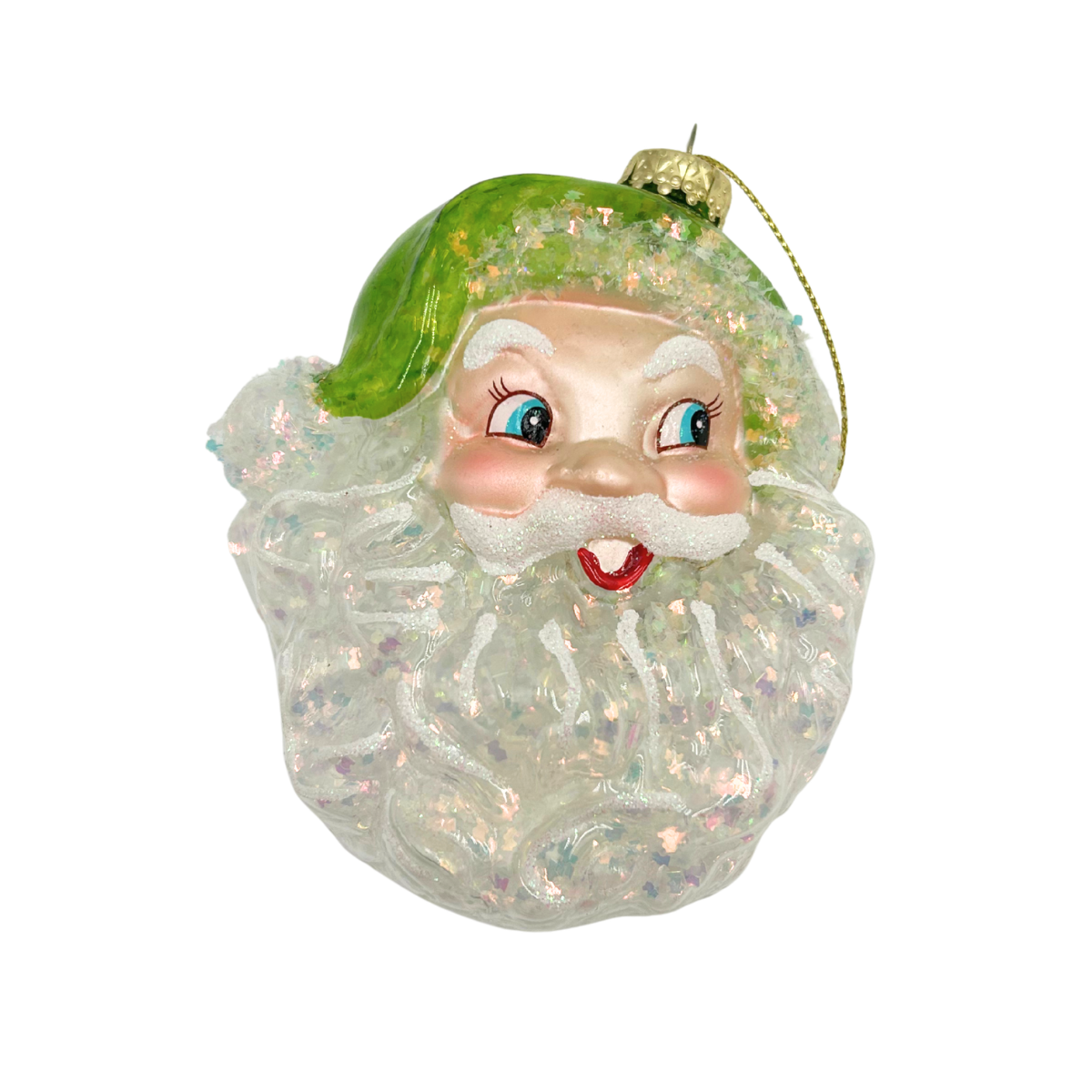 A festive Christmas ornament shaped like Santa's head, featuring a textured, glittery white beard, a green hat, and a gold hanging loop, set against a plain white background.