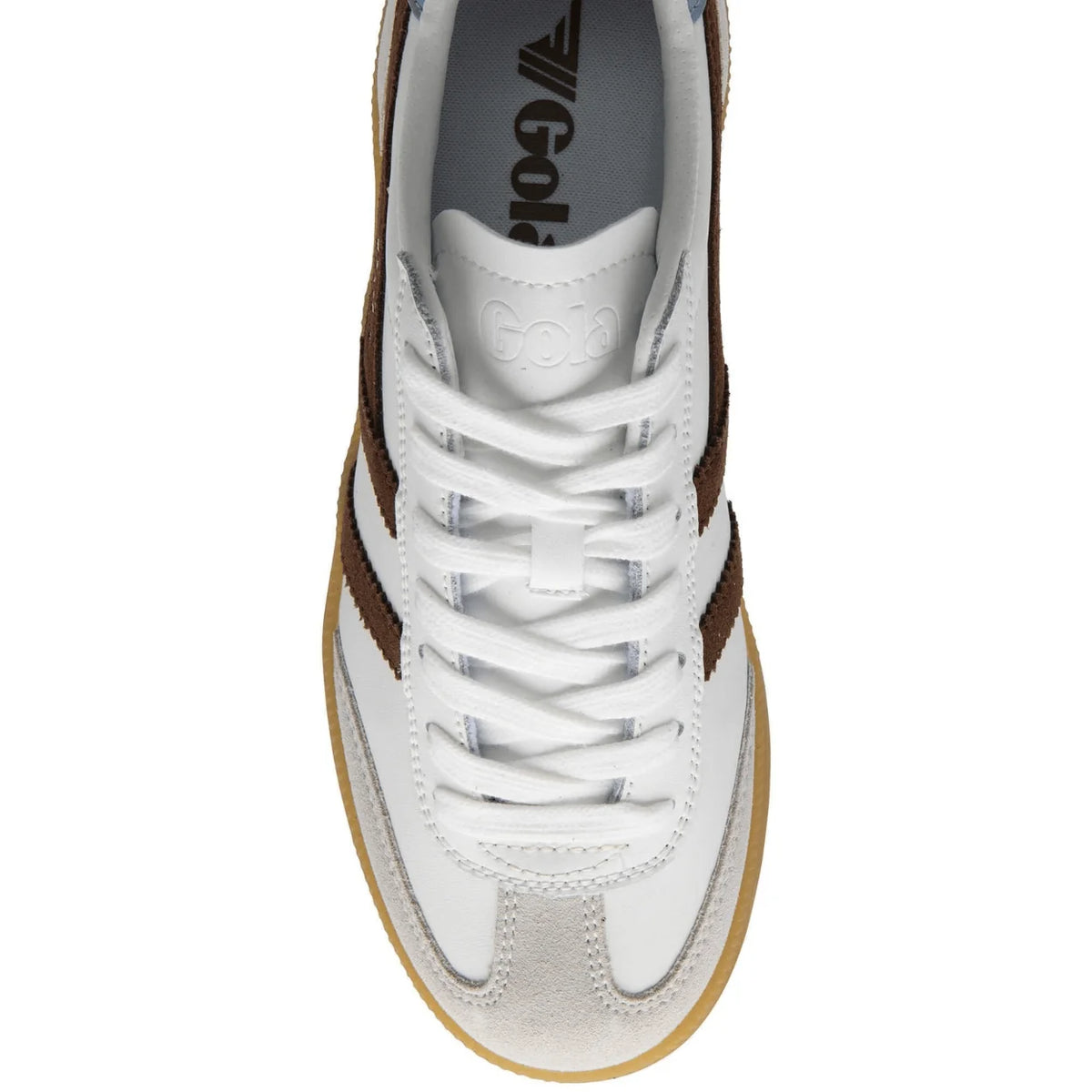 White sneaker with brown accents on a white background