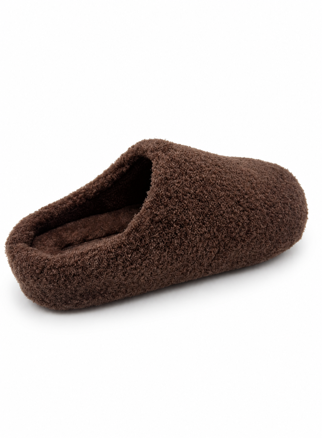 A single brown fuzzy slip-on house slipper shown at an angle on a plain white background.