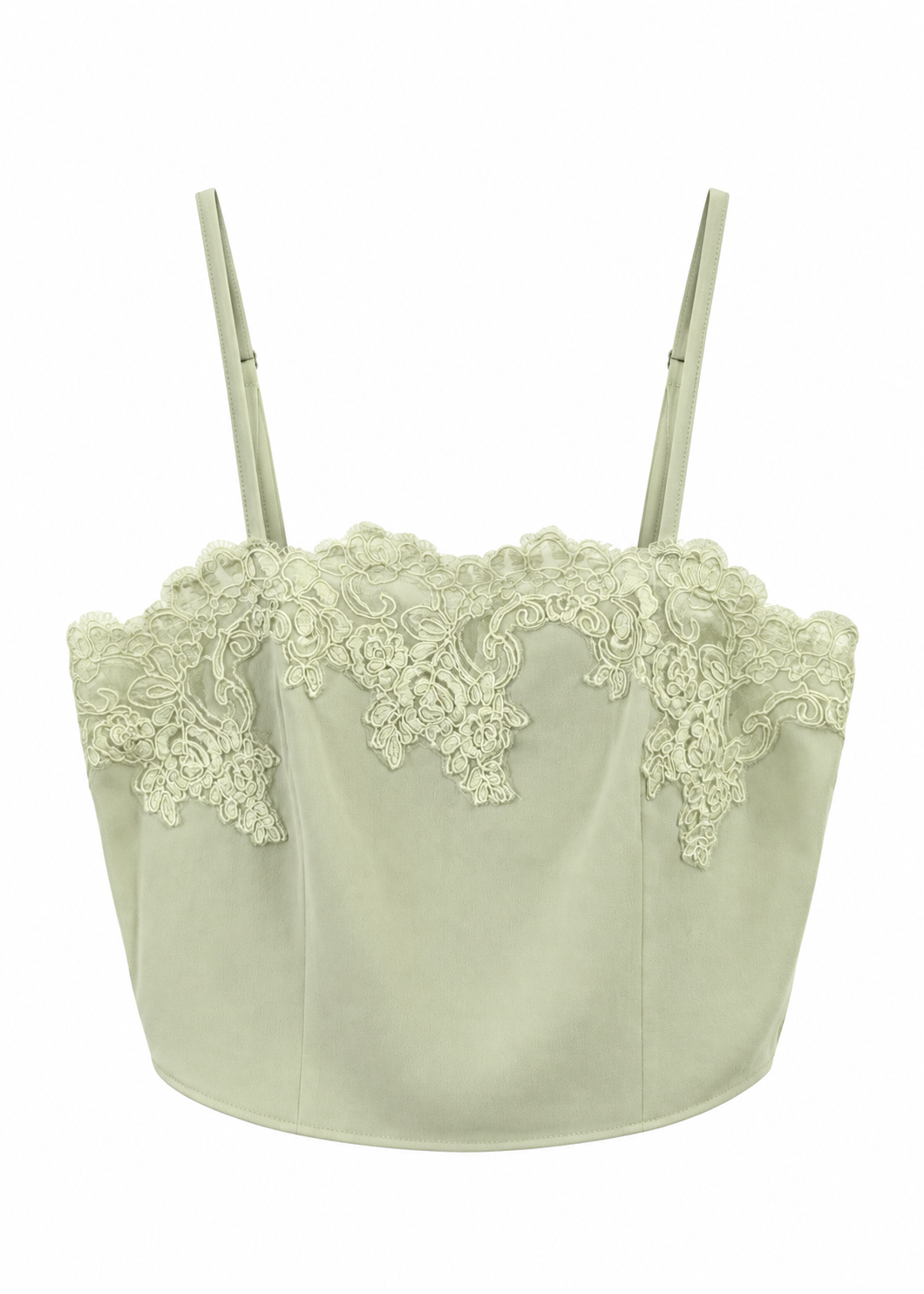A pale sage green camisole top featuring a sheer mesh body, delicate floral lace trim across the bust, and adjustable shoulder straps, shown against a plain white background.