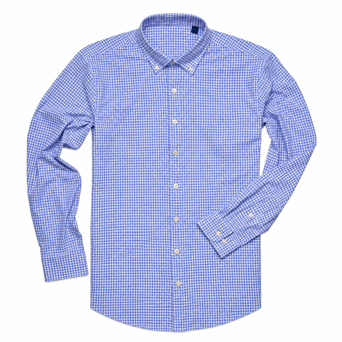 Red and blue checkered button down on white background