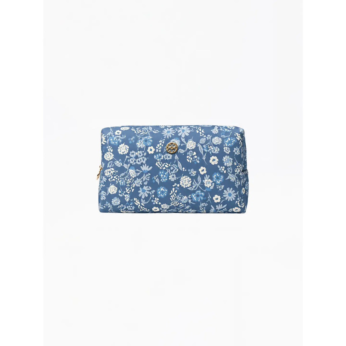 A rectangular blue pouch with a white floral print and a gold-tone button closure, centered on a plain white background.