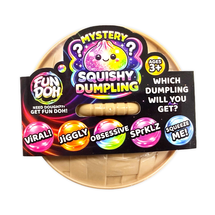 Fun Doh Mystery Squishy Dumpling packaging with colorful text and graphics on a white background.