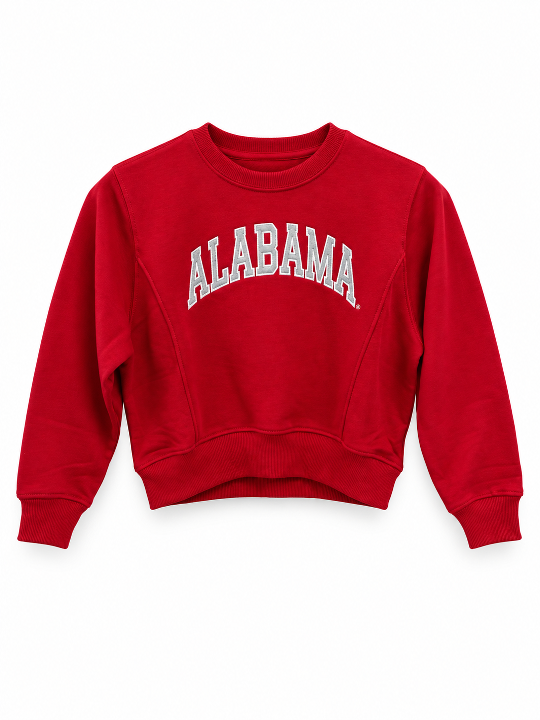 Red crewneck sweatshirt with arched gray “ALABAMA” lettering outlined in white, curved seams, and ribbed cuffs and hem on a white background.