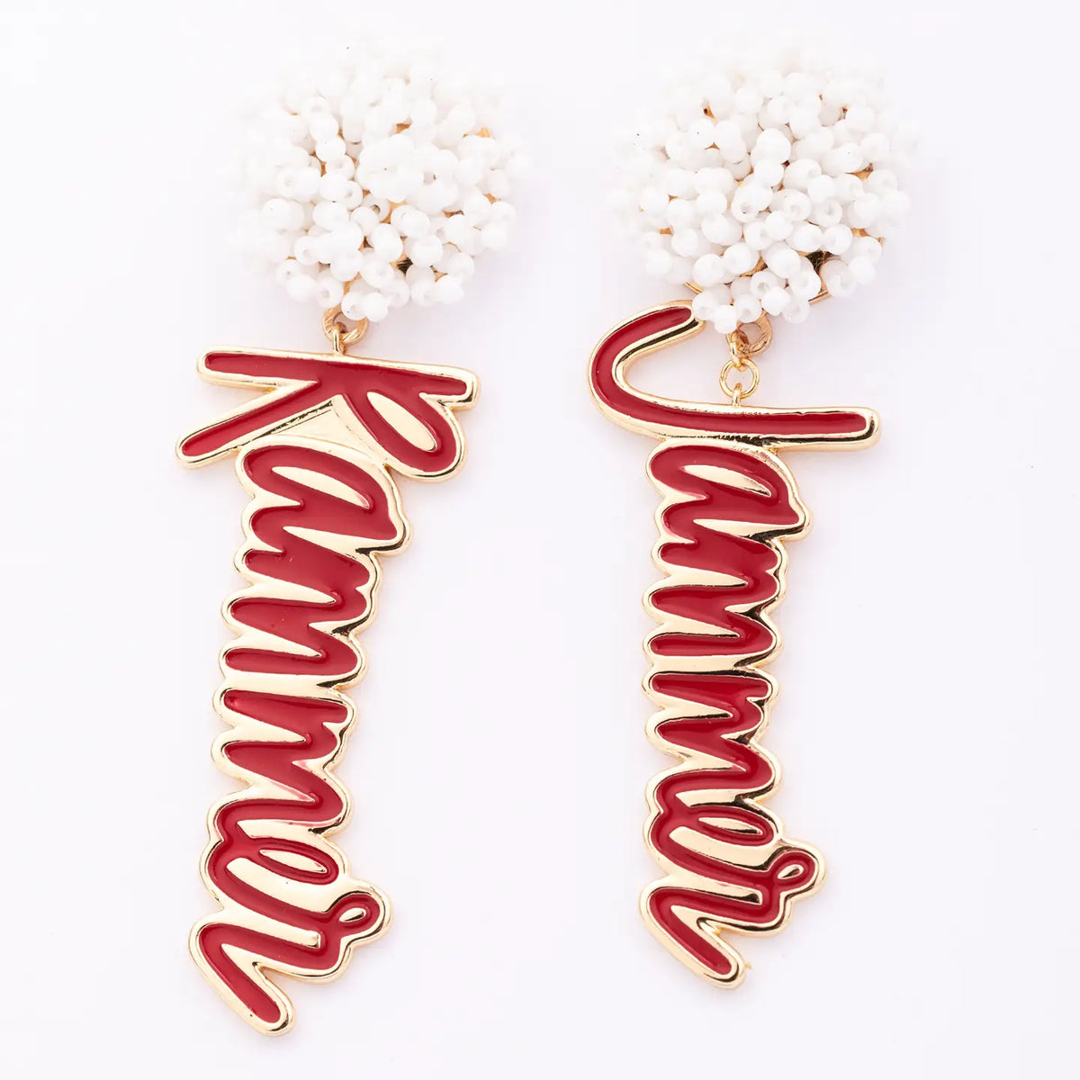 Gold and red earrings with 'Rammer Jammer' text on a white background