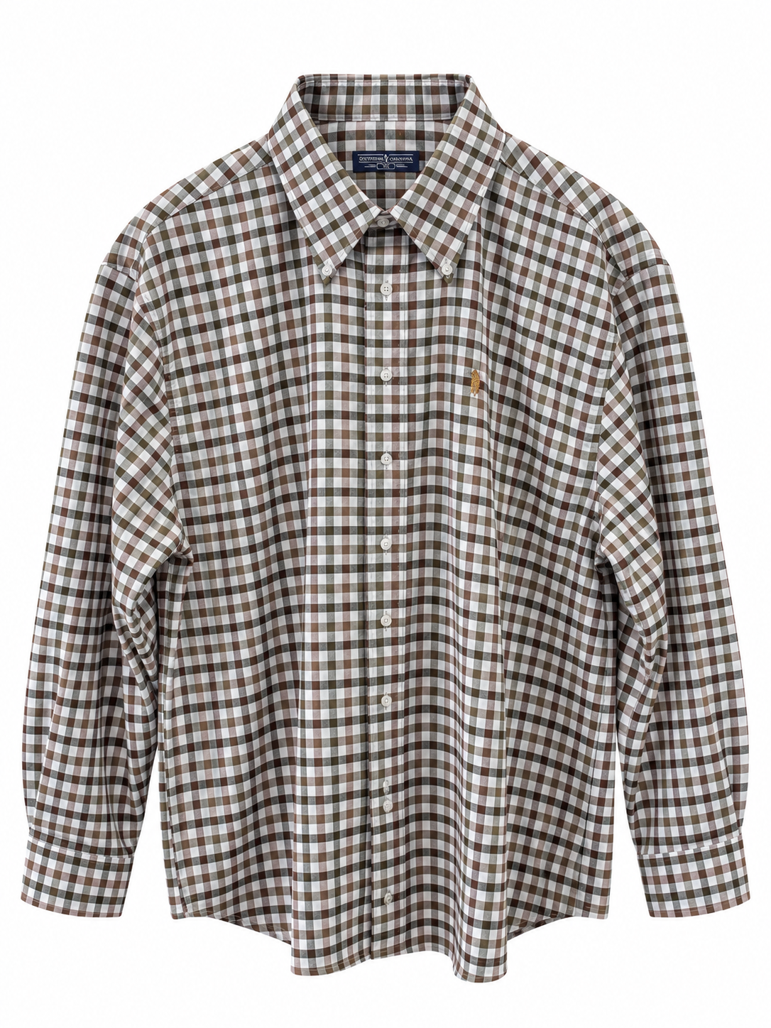 A long-sleeve button-down shirt in a brown, beige, and white gingham check pattern, featuring a classic collar and a small embroidered polo player logo on the left chest.