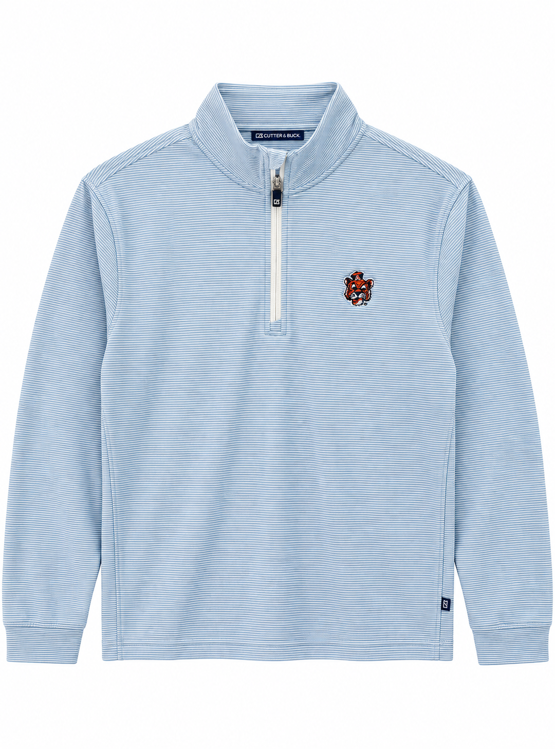 A light blue heathered quarter-zip pullover sweatshirt with a small embroidered mascot logo on the left chest, displayed on a clean white background.