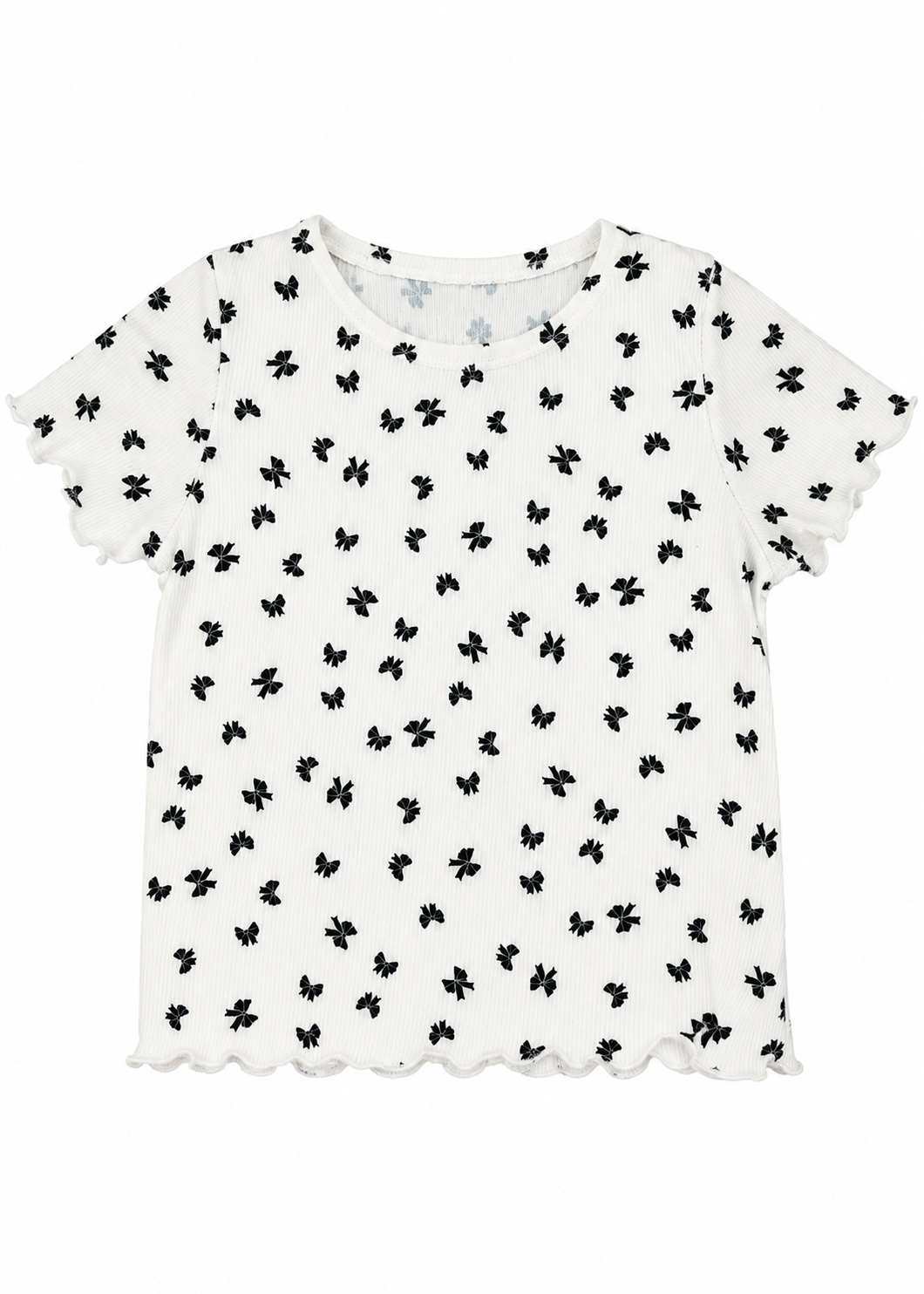 A white short-sleeve top with a black butterfly print and scalloped edges, shown flat against a white background.