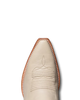 Close-up of a beige pointed-toe boot with brown trim on a white background