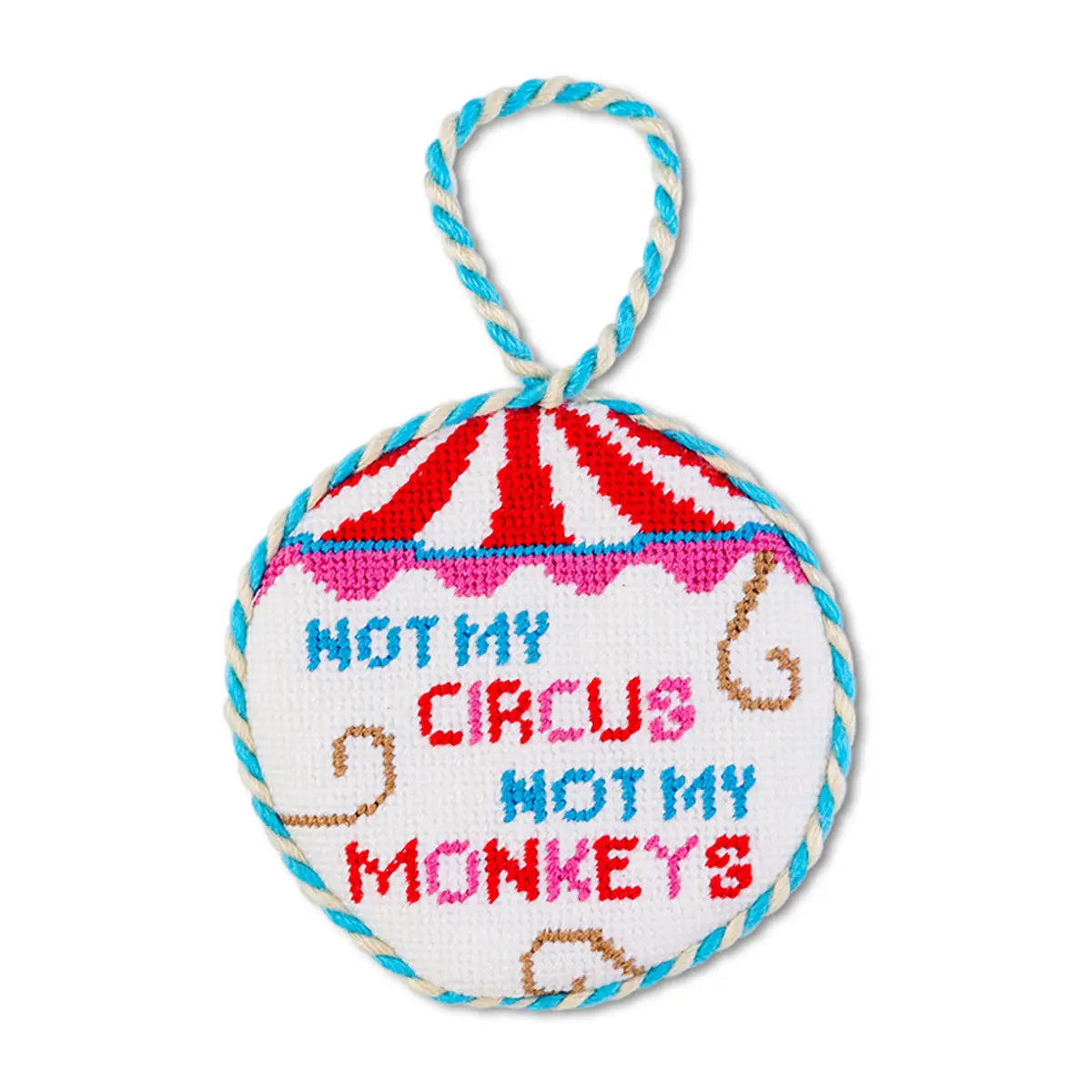 Round embroidered product with 'Not my circus, not my monkeys' text on a white background