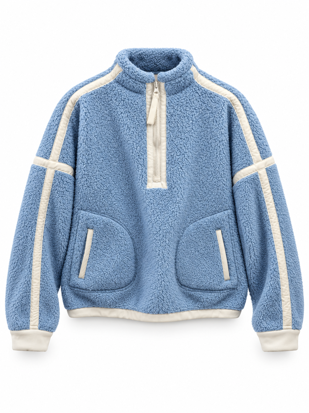 Powder blue sherpa half-zip pullover with a stand collar, cream trim along the sleeves, two front pockets, and cream cuffs and hem on a white background.