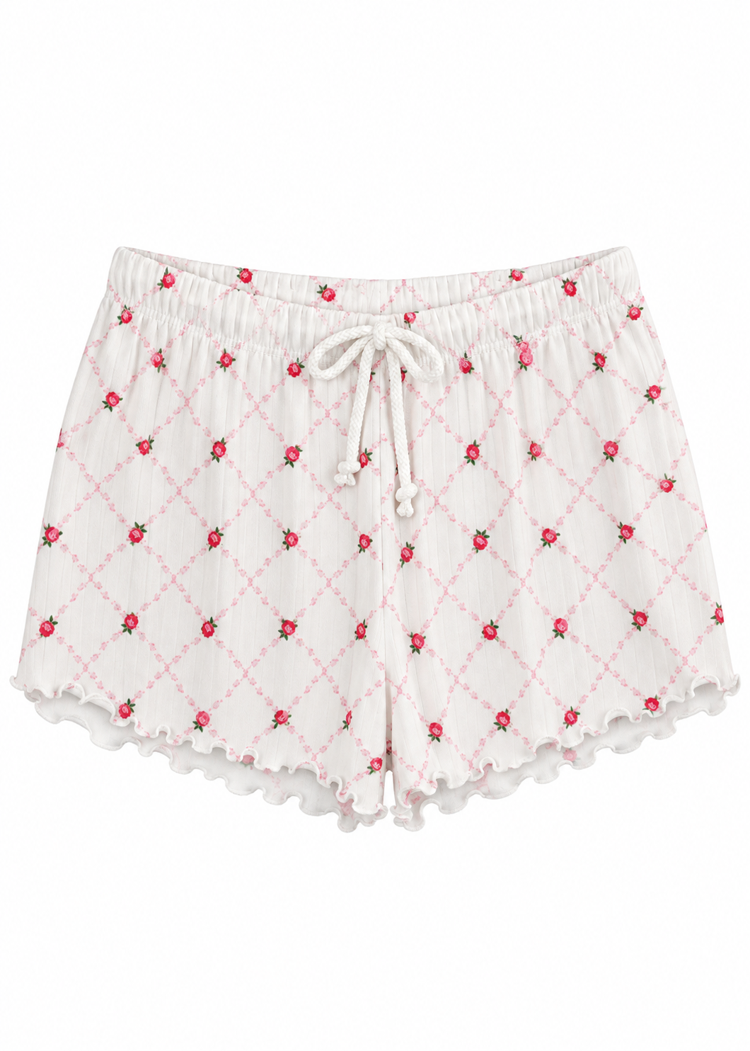 White shorts with pink rose bud pattern