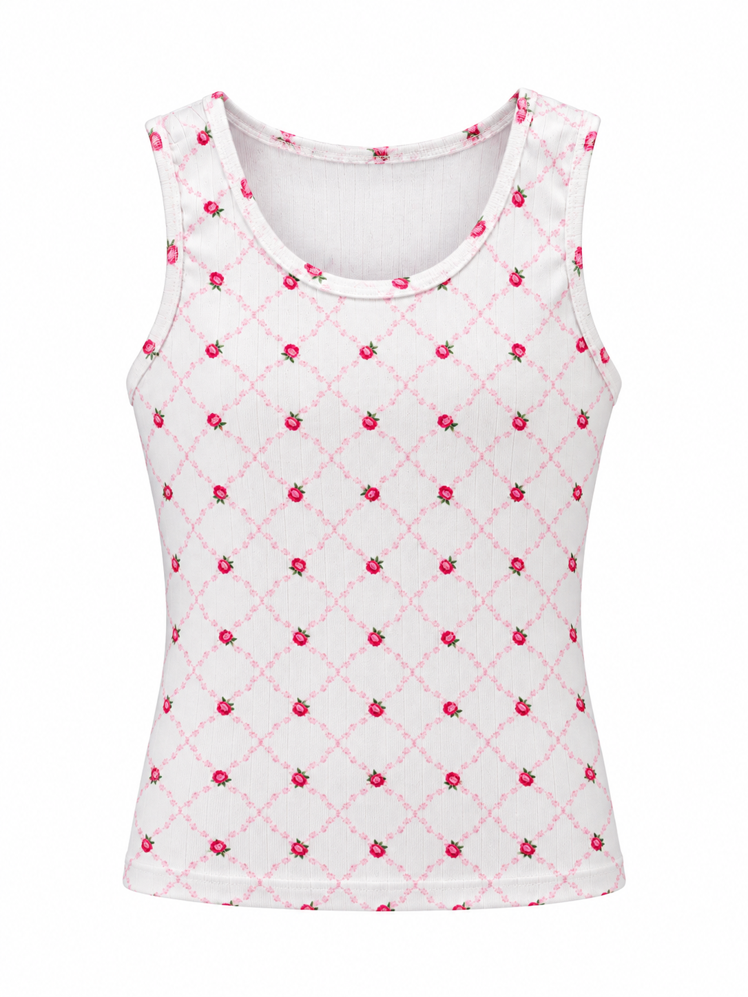 White ribbed scoop-neck tank top with pink rosebuds and a pale pink diamond lattice pattern on a white background.