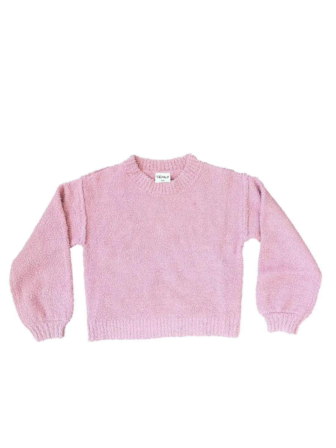 Pink sherpa sweater on white background