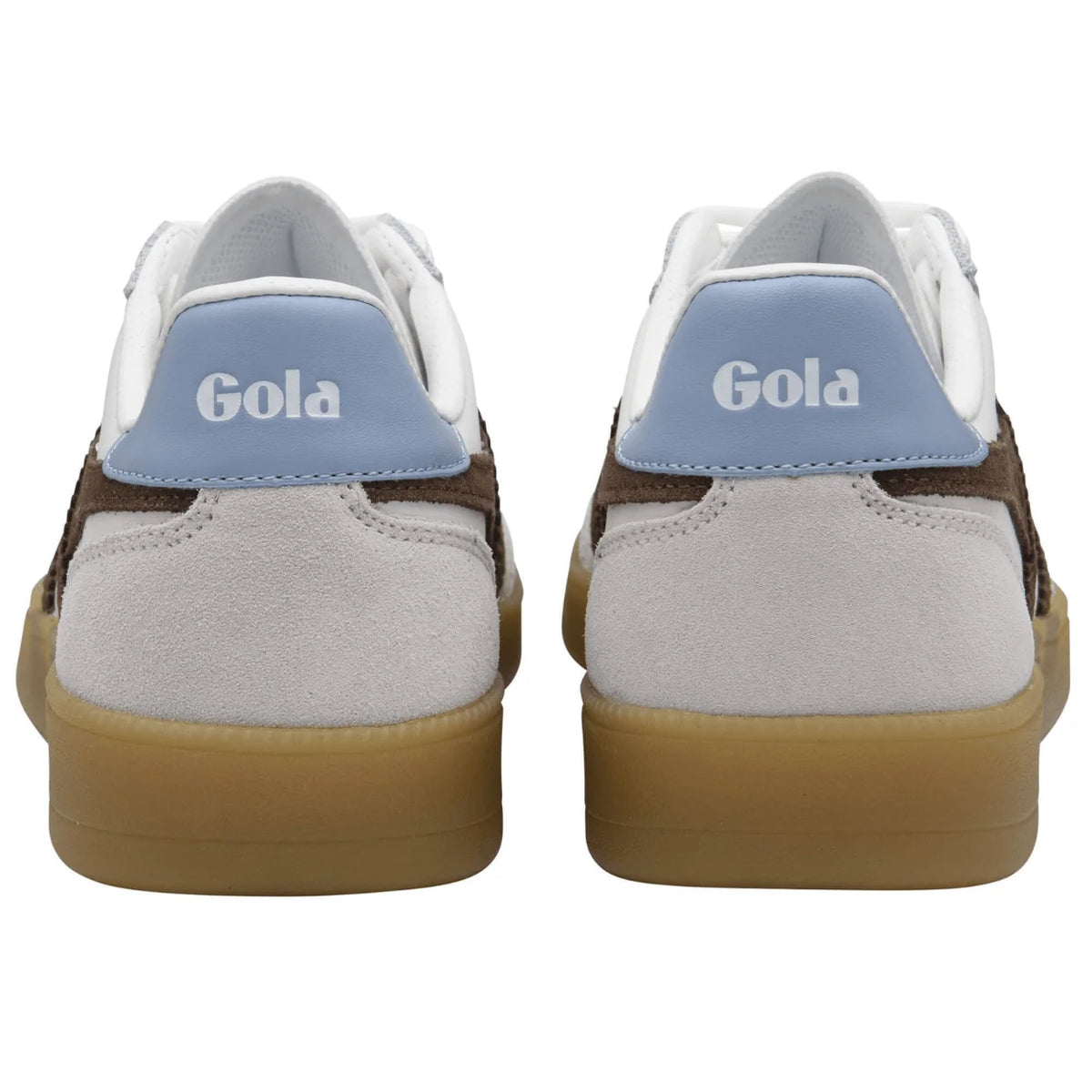 A pair of Gola brand low-top sneakers shown from the back, featuring a light gray suede upper, a light blue heel tab with white 'Gola' branding, brown side panels, and a gum rubber sole.
