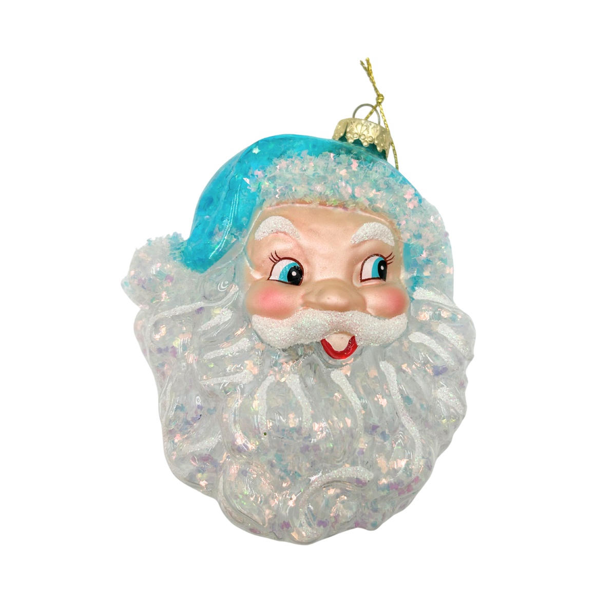 A vintage-style glittery Christmas ornament shaped like Santa's head, featuring a bright blue hat, white beard with iridescent glitter, and a small gold hanging loop at the top.