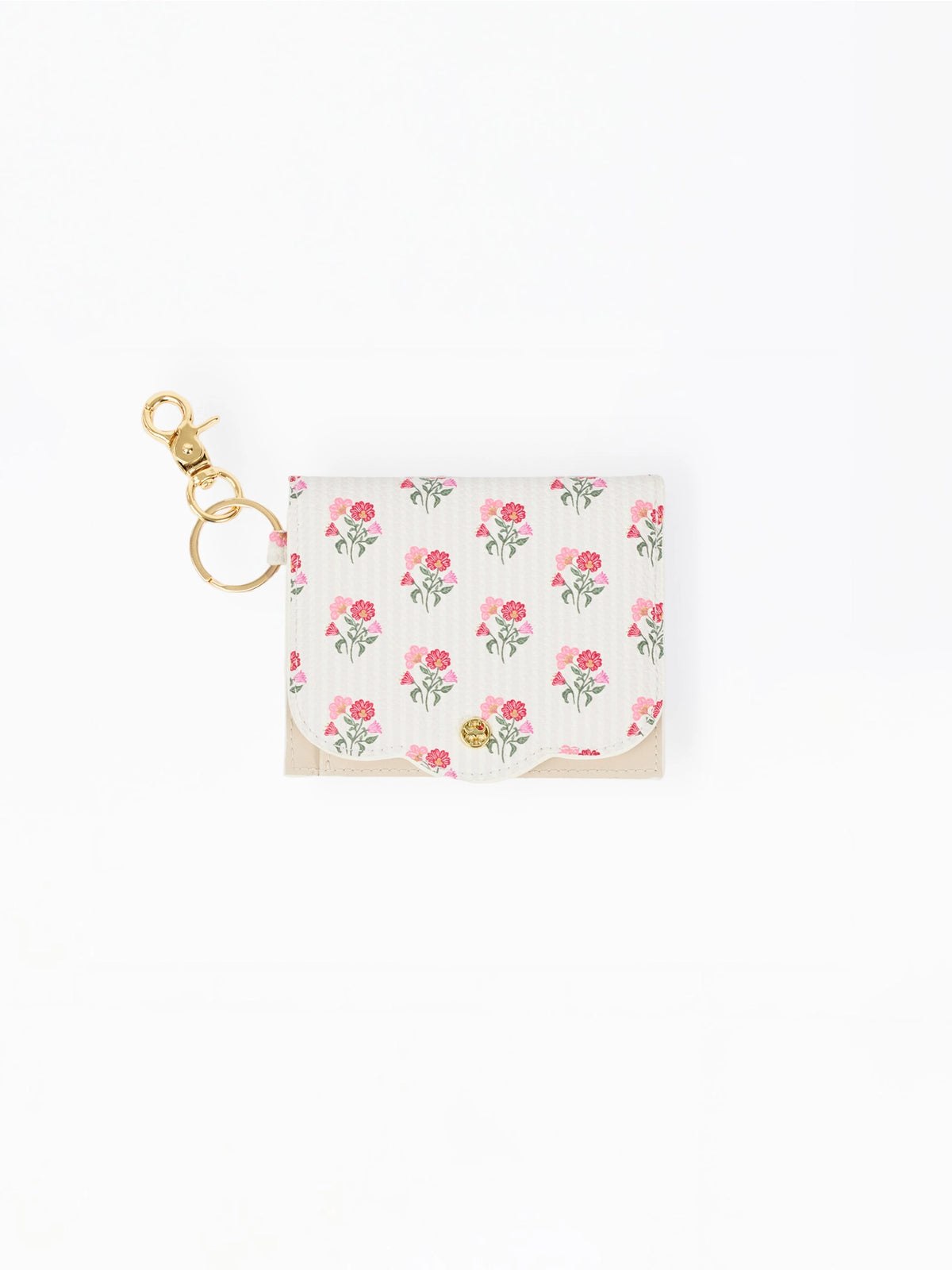 A small white card holder or wallet with a pink and green floral print, featuring a gold-tone metal clasp and key ring, shown on a plain white background.