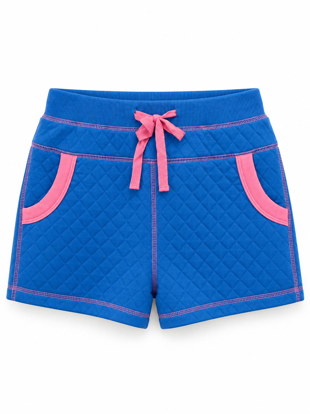 Blue quilted shorts with pink pocket trim, a pink drawstring, and pink contrast stitching, shown against a plain white background.