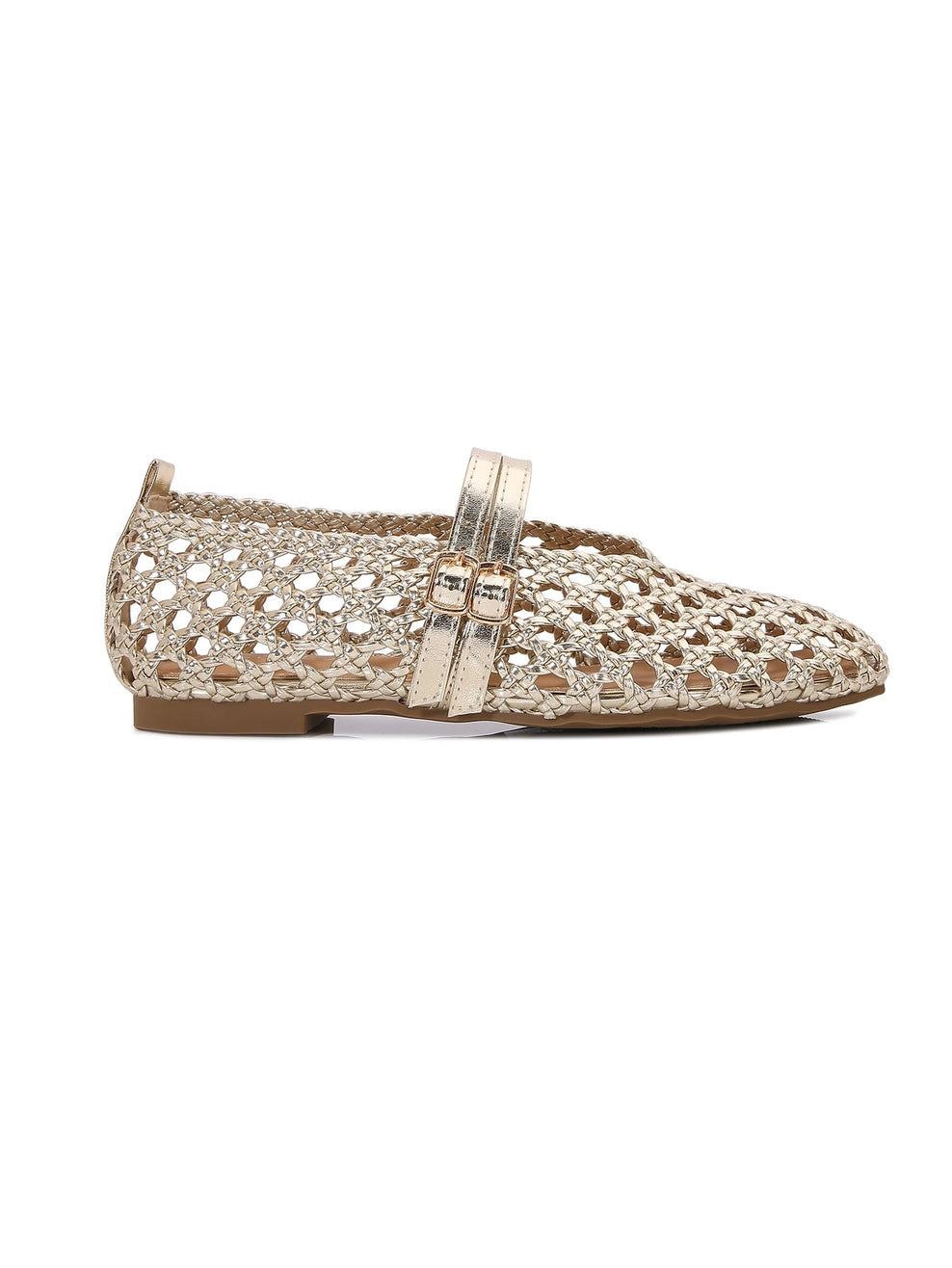 A single gold slip-on woven flat, shown in a side profile against a white background.