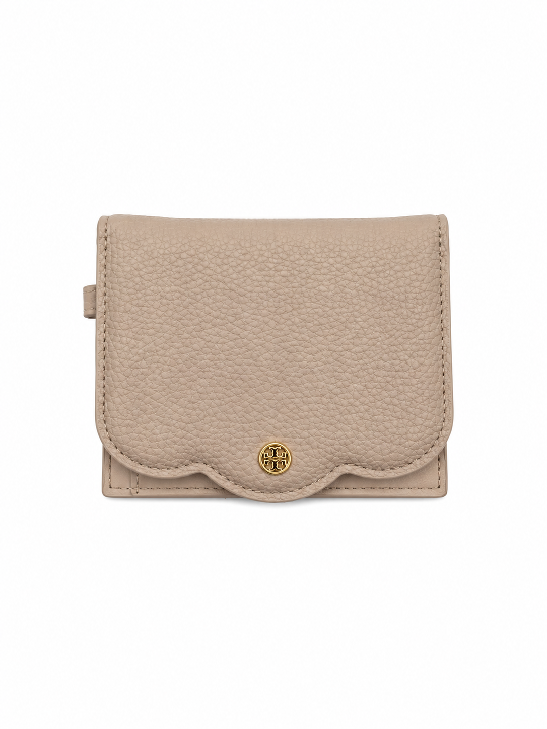 A light beige pebbled leather wallet with a scalloped edge and a small gold logo medallion on the front, shown against a plain white background.