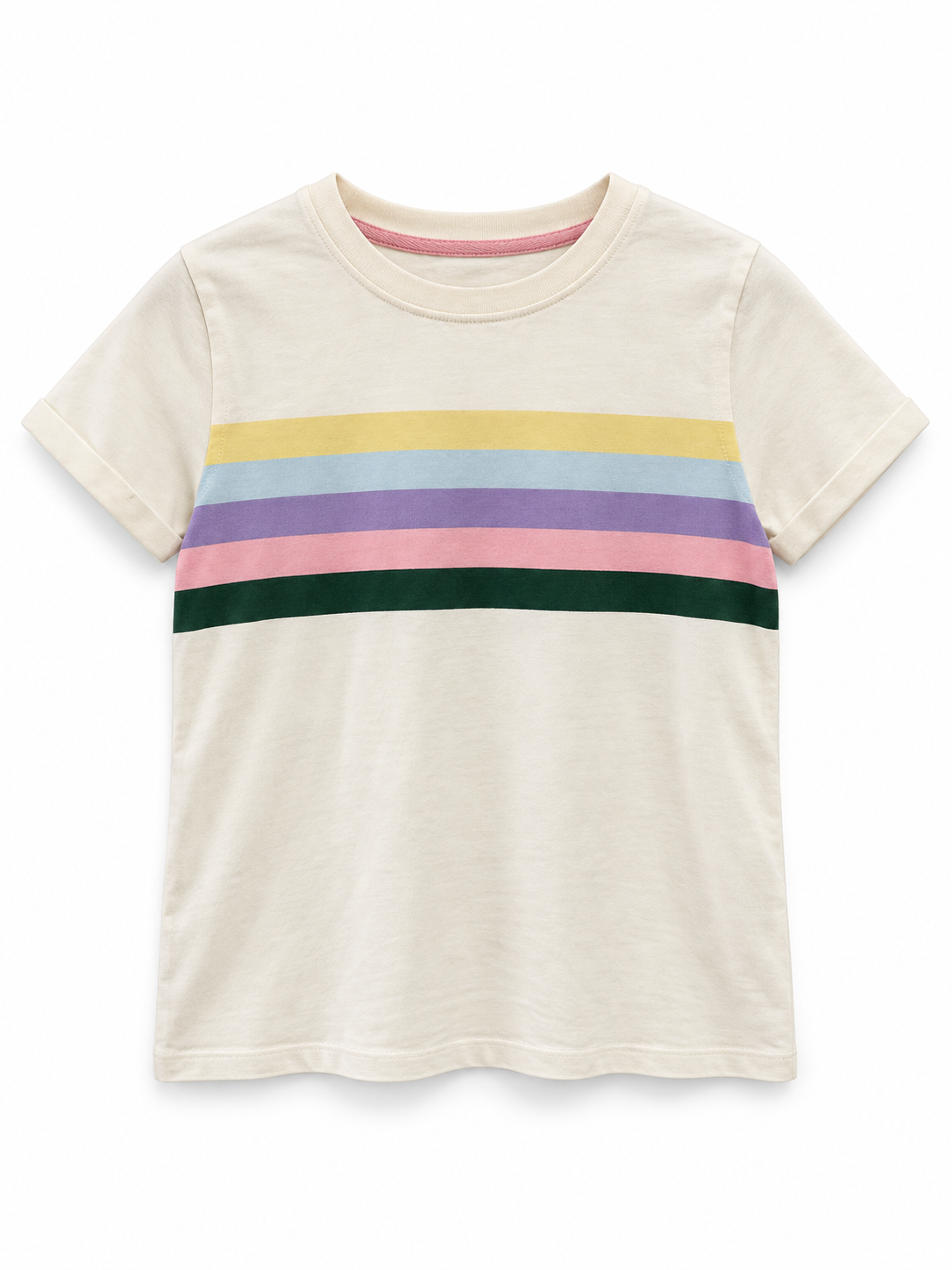 An off-white short-sleeve crewneck t-shirt featuring a horizontal stripe pattern across the chest in yellow, light blue, lavender, pink, and dark green.