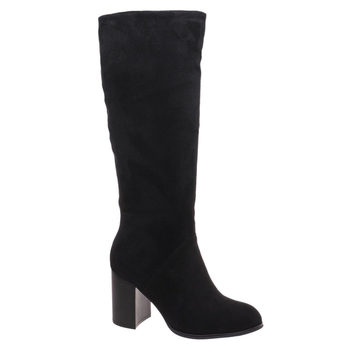 A single black suede knee-high boot with a chunky block heel, shown from a side profile against a plain white background.