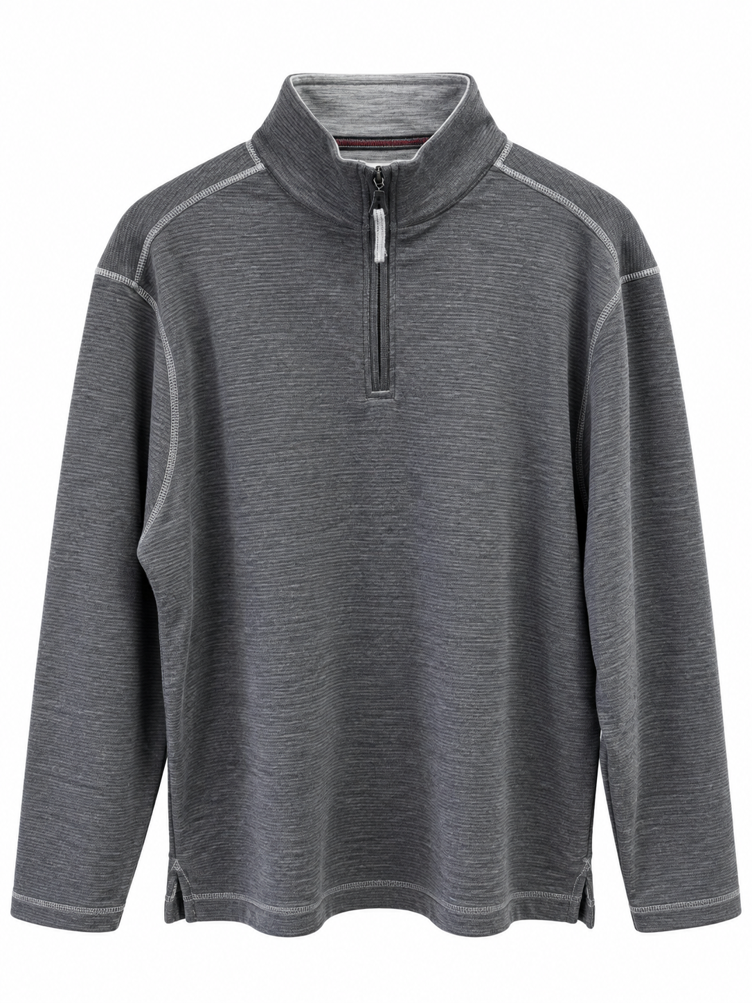 A dark gray heathered quarter-zip pullover sweater with long sleeves and a stand-up collar, shown against a plain white background.