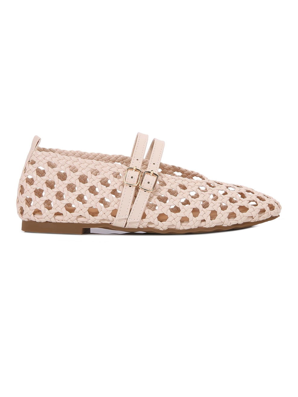 A single beige slip-on woven flat, shown in a side profile against a white background.