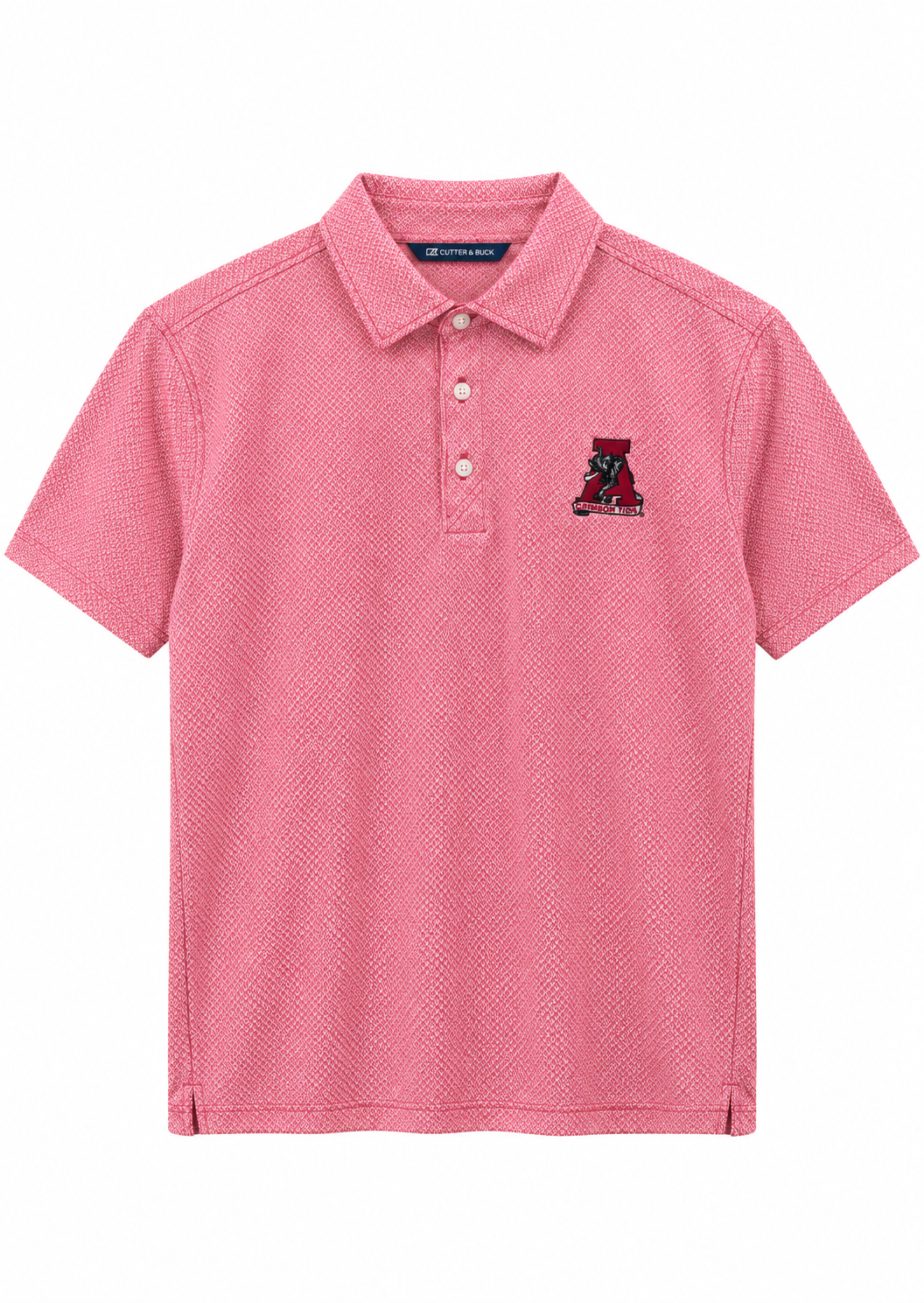 A pink short-sleeve polo shirt with a textured micro-pattern, featuring a three-button placket and a small embroidered logo on the left chest, displayed on a clean white background.