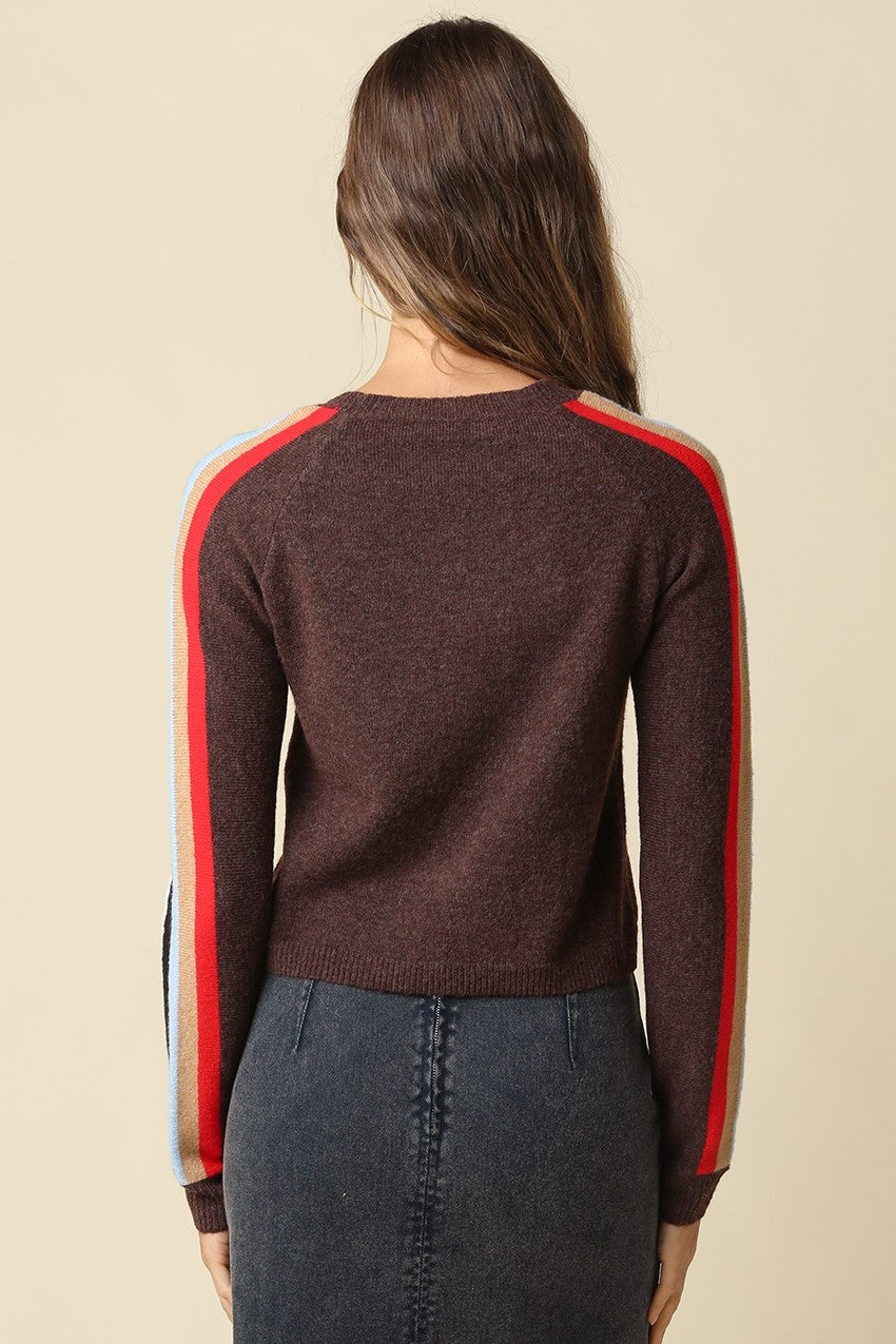 A woman viewed from the back wearing a dark brown knit sweater with colorful striped detailing along the shoulders and sleeves, paired with a dark gray skirt, against a solid beige background.