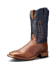 side views of cowboy boots with cognac brown leather feet, navy shafts, decorative brown stitching, square toes, and low heels.
