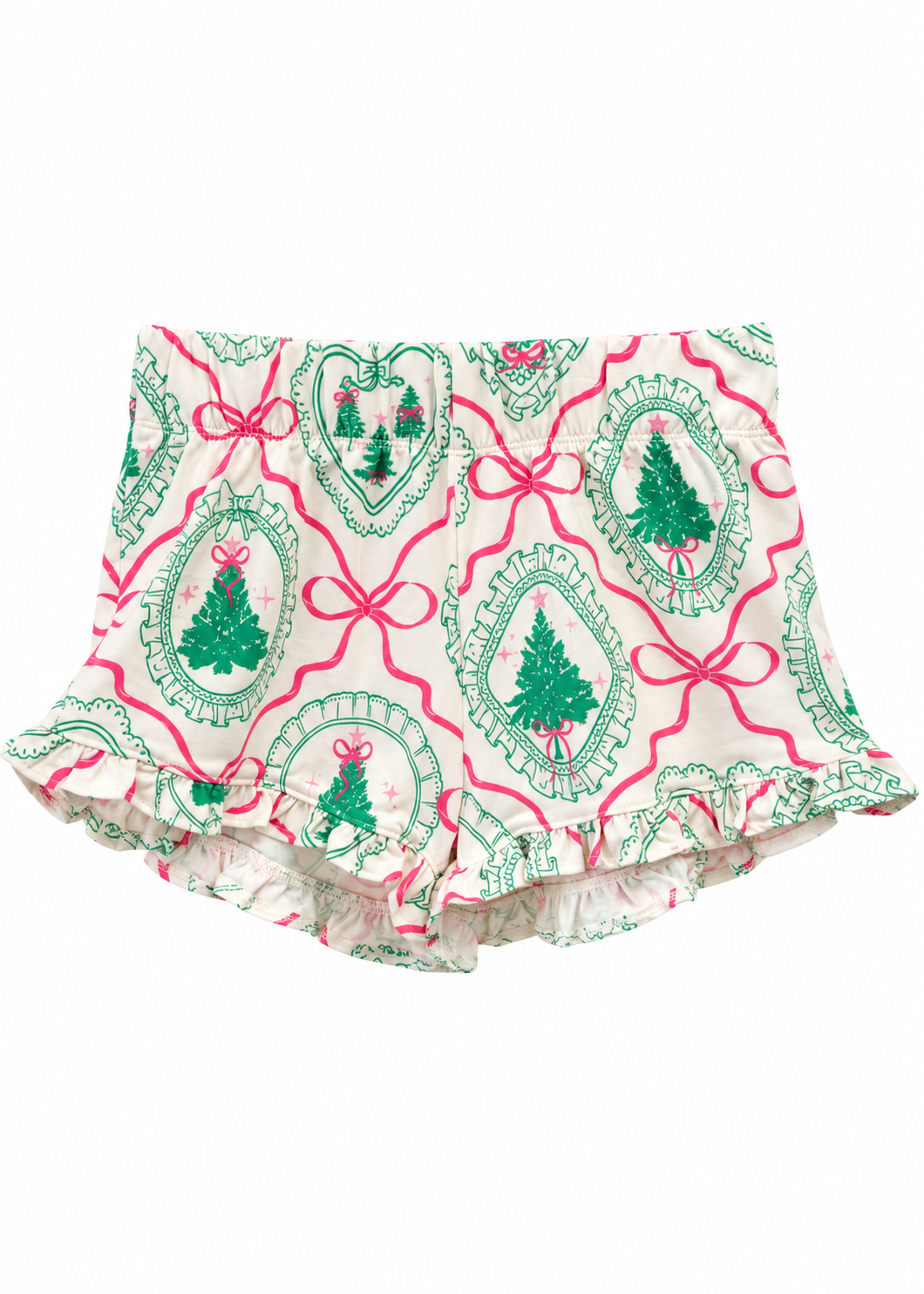 A pair of ruffled baby shorts featuring a festive Christmas-themed print with green pine trees, ornaments, and pink bows on an off-white background.