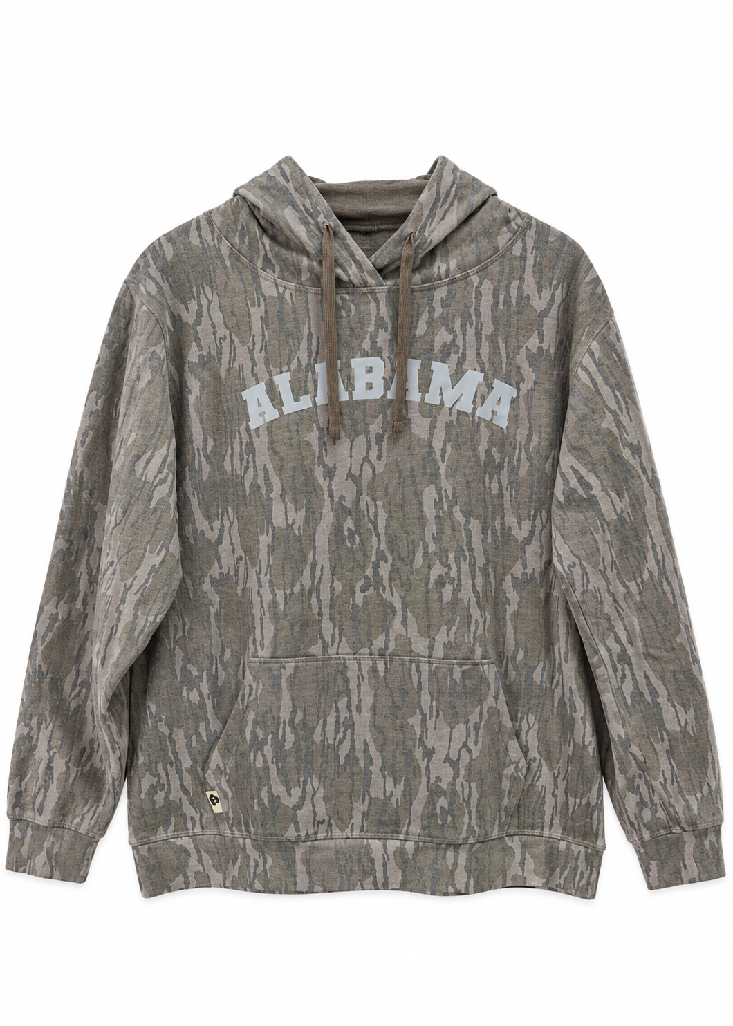 mens camo hoodie with drawstring around hood- with "alabama" written across the front in light grey color 