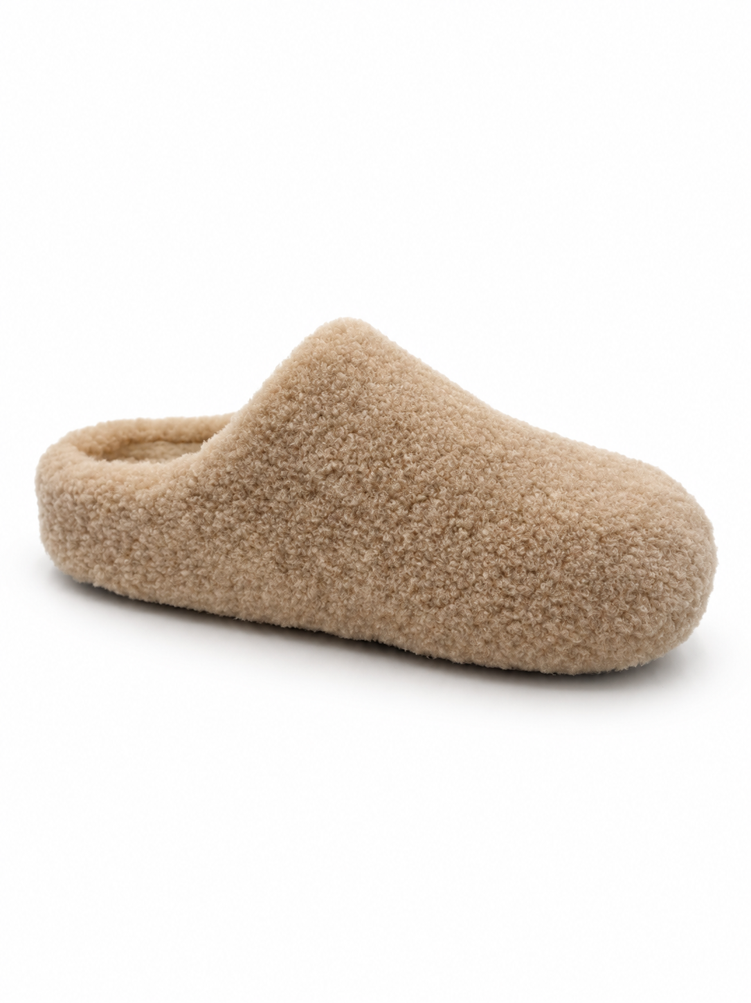 A single beige sherpa fleece slip-on mule slipper shown from a side profile on a clean white background.