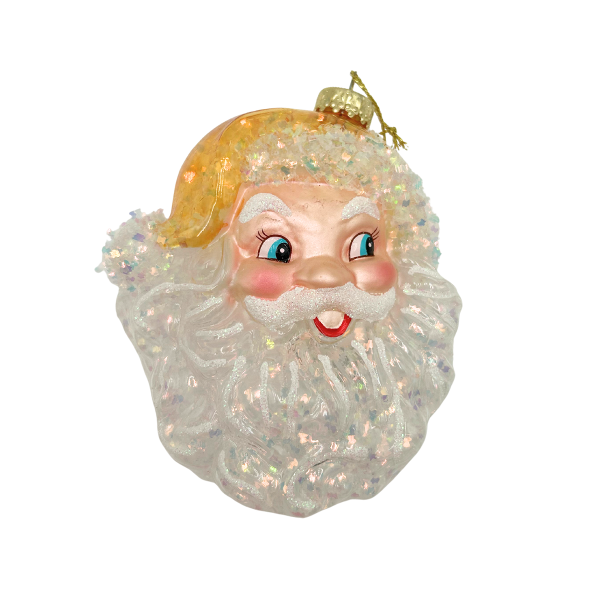 A vintage-style glittery Santa Claus face ornament with a gold hat, white beard, and blue eyes, shown on a plain white background.