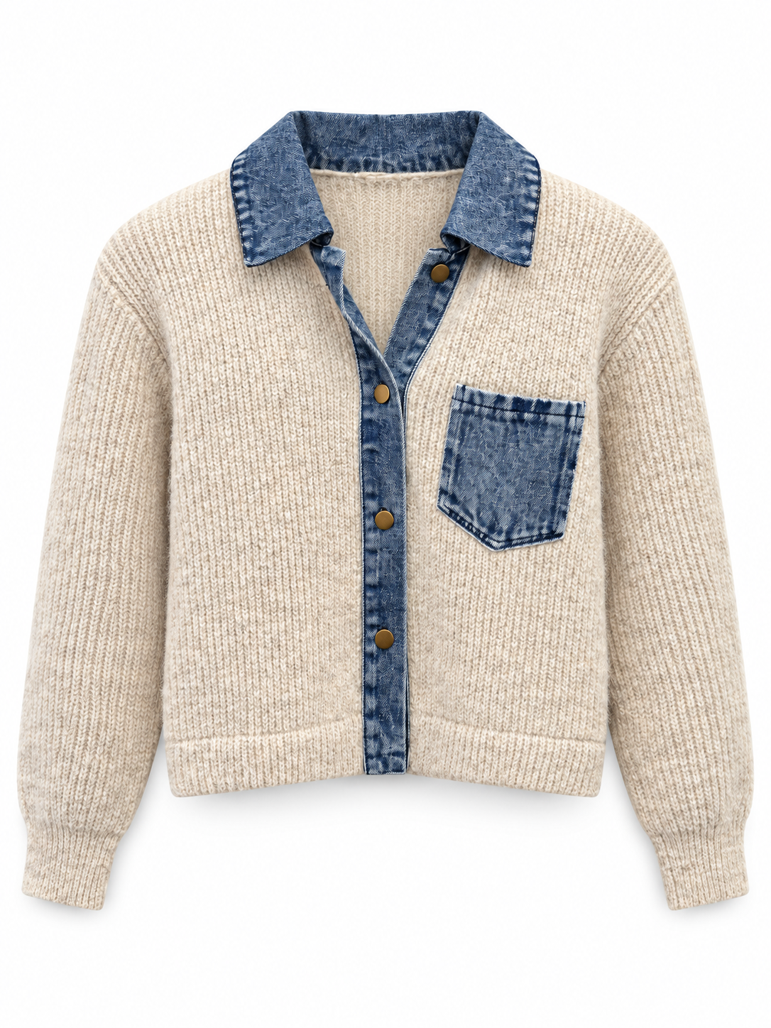 A cream-colored ribbed knit cardigan featuring a blue denim collar, button placket, and chest pocket, displayed on a clean white background.