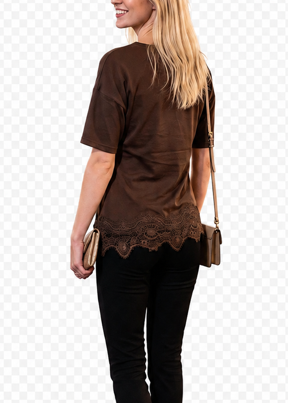 A woman shown from the back wearing a brown short-sleeve top with a scalloped lace hem, black skinny pants, and brown high-heeled sandals, standing against a white background with a faint checkerboard pattern.