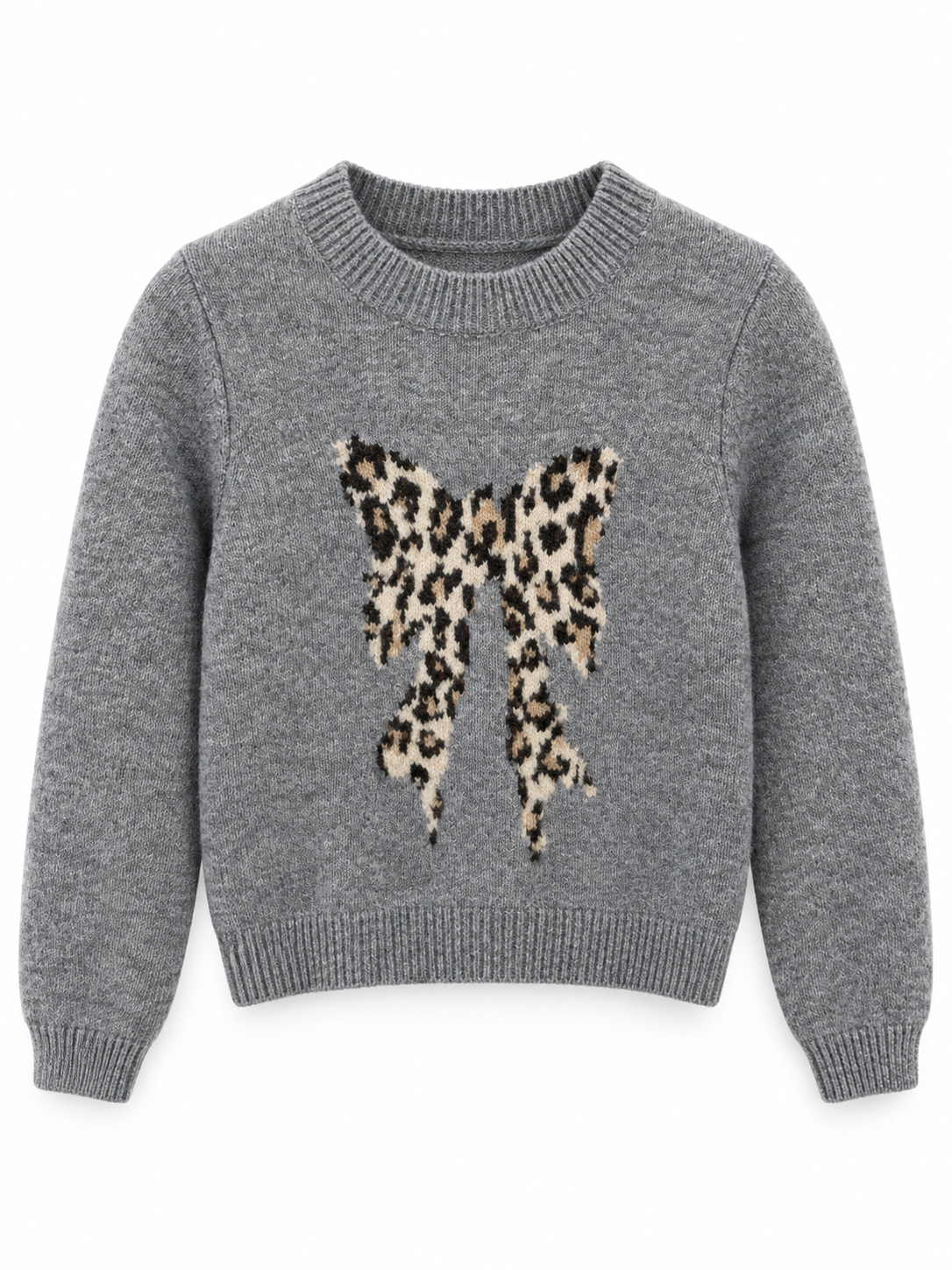 Heather gray crewneck sweater with a cream, tan, and black leopard-print bow, long sleeves, and ribbed cuffs and hem on a white background.