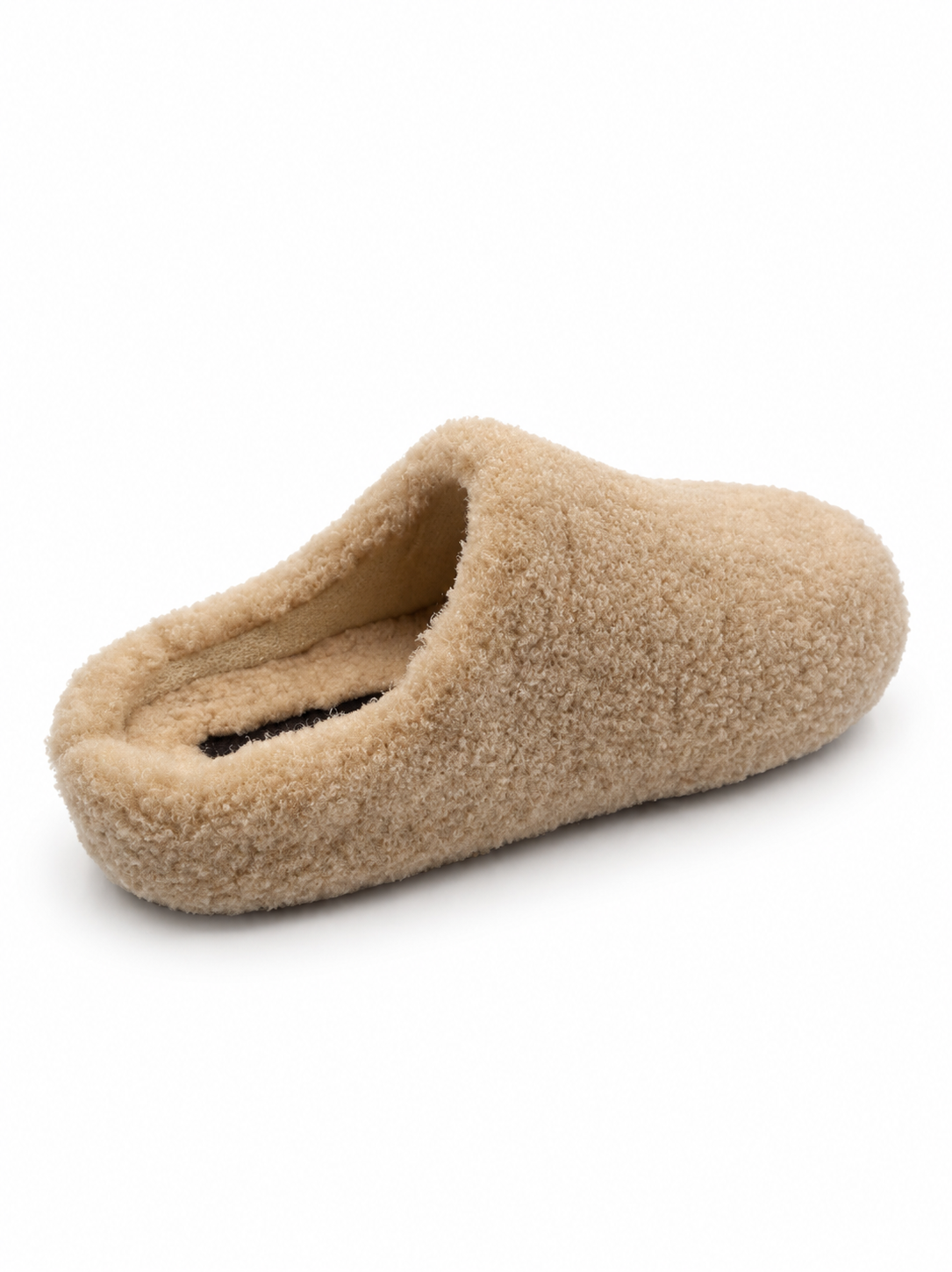 A single beige sherpa fleece slip-on clog slipper shown from a three-quarters angle on a white background.