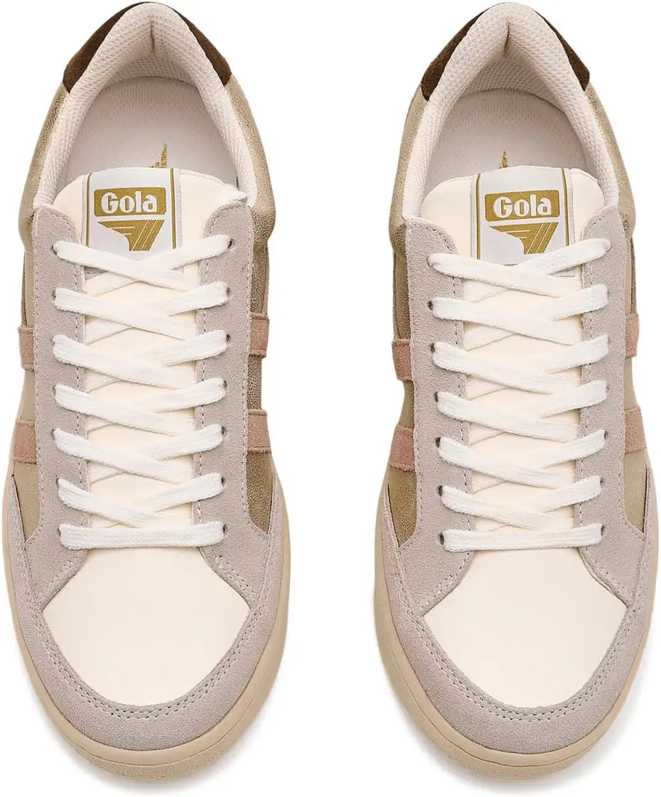 A pair of low-top sneakers shown from a top-down view, featuring a color-blocked design in beige, cream, and brown with white laces and a gold 'Gola' logo on the tongue.