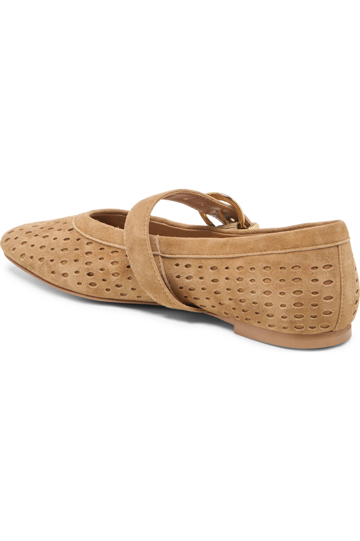 Light brown mary jane flat with perforated holes and a gold buckle on a white background. 