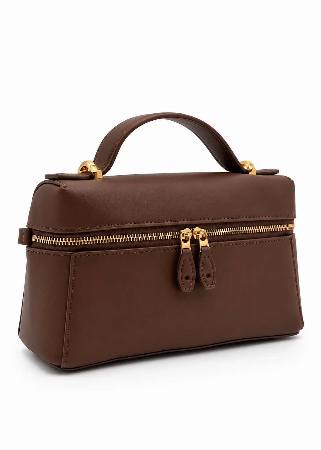 A structured brown leather top-handle handbag with gold-tone hardware, including a top handle, zipper, and zipper pulls, shown on a plain white background.